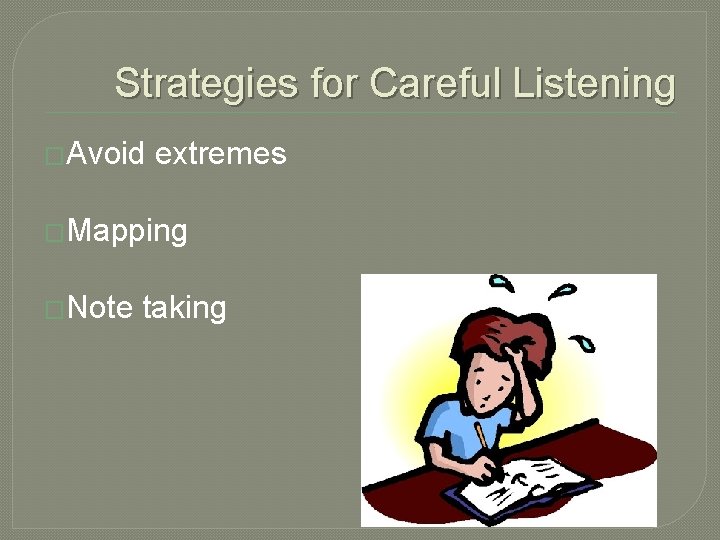 Strategies for Careful Listening �Avoid extremes �Mapping �Note taking 