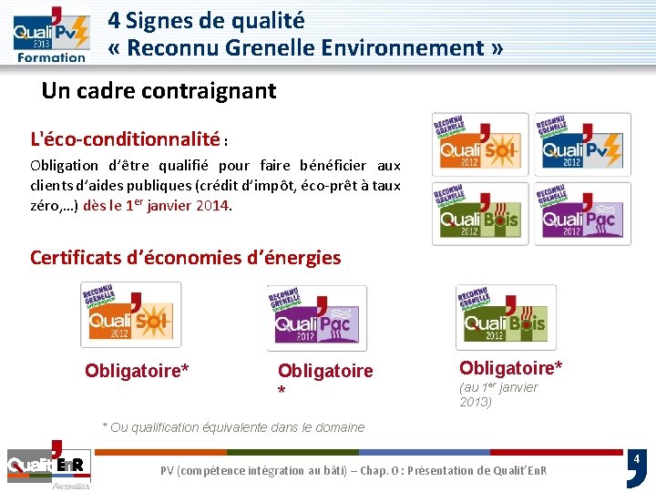 4 Signes de qualité « Reconnu Grenelle Environnement » Un cadre contraignant L'éco-conditionnalité :