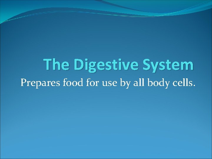 The Digestive System Prepares food for use by all body cells. 