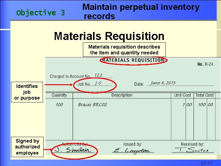 Objective 3 Maintain perpetual inventory records Materials Requisition Materials requisition describes the item and