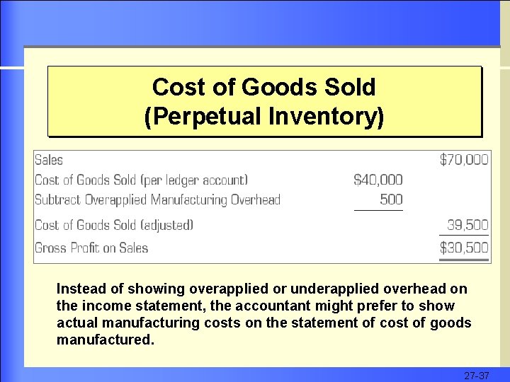 Cost of Goods Sold (Perpetual Inventory) Instead of showing overapplied or underapplied overhead on
