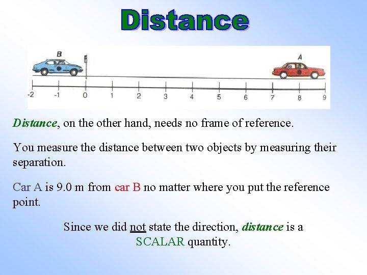 Distance, on the other hand, needs no frame of reference. You measure the distance