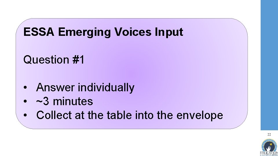 ESSA Emerging Voices Input Question #1 • Answer individually • ~3 minutes • Collect