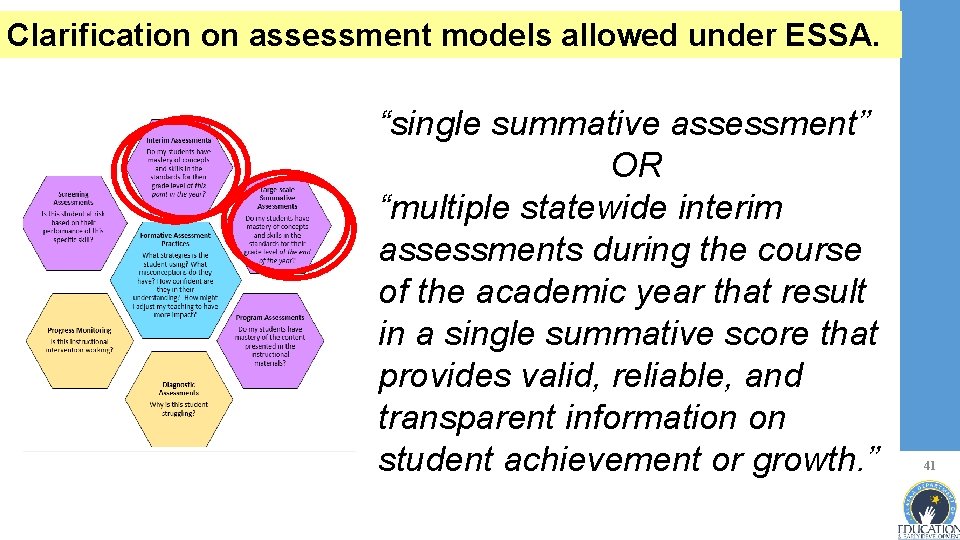 Clarification on assessment models allowed under ESSA. “single summative assessment” OR “multiple statewide interim