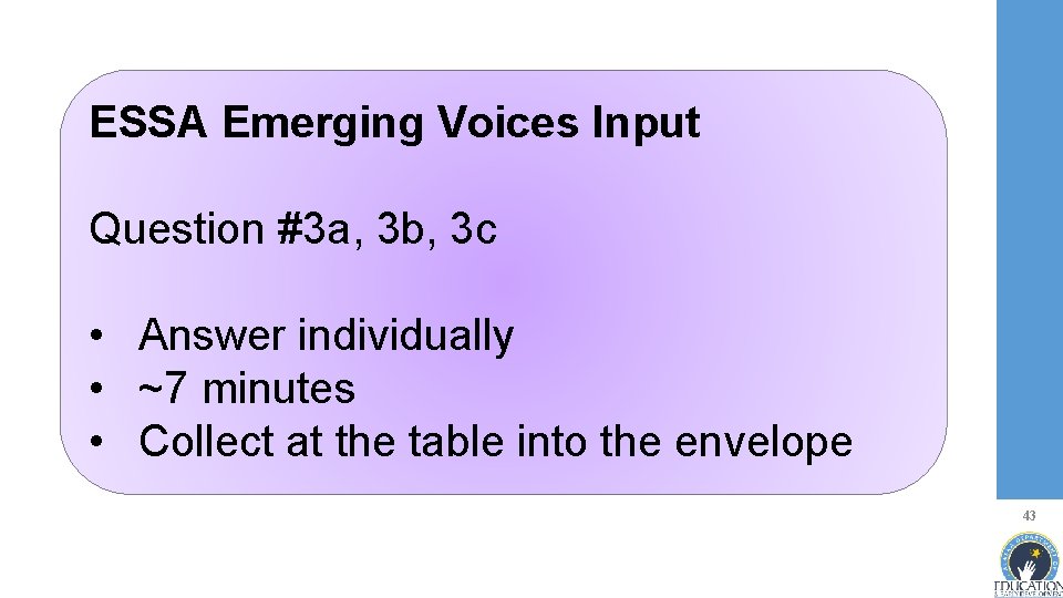 ESSA Emerging Voices Input Question #3 a, 3 b, 3 c • Answer individually
