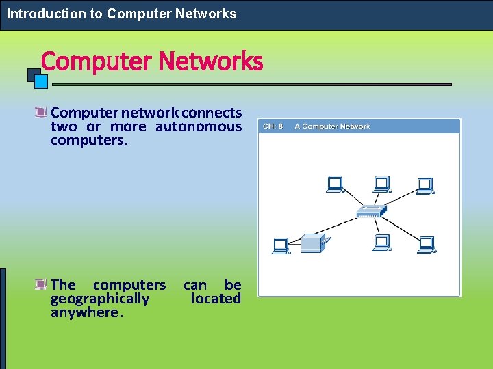 Introduction to Computer Networks Computer network connects two or more autonomous computers. The computers