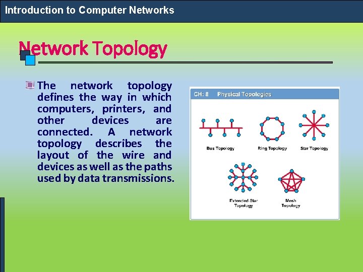 Introduction to Computer Networks Network Topology The network topology defines the way in which