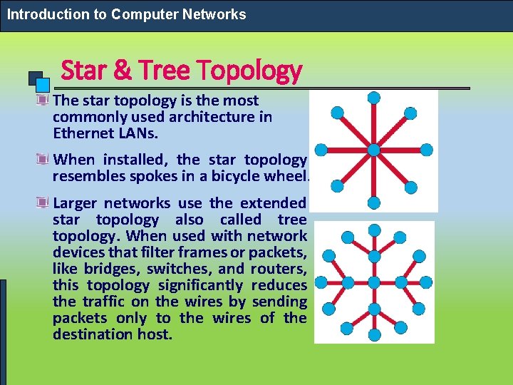 Introduction to Computer Networks Star & Tree Topology The star topology is the most