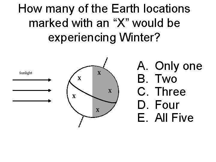 How many of the Earth locations marked with an “X” would be experiencing Winter?