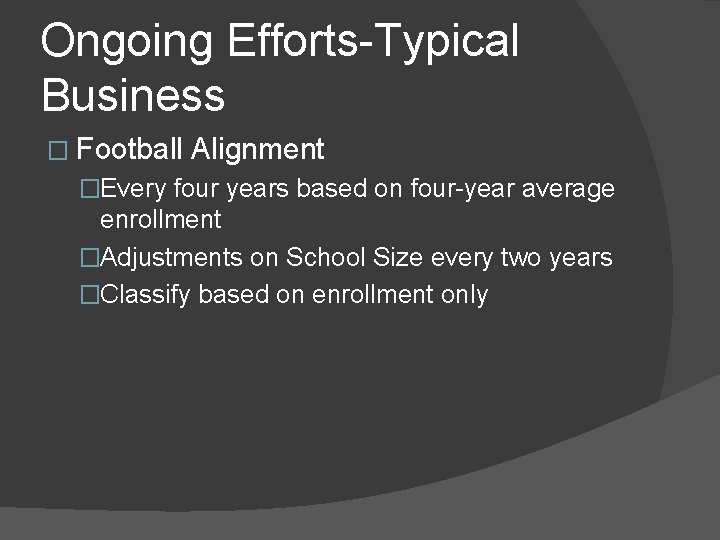 Ongoing Efforts-Typical Business � Football Alignment �Every four years based on four-year average enrollment Ongoing Efforts-Typical Business � Football Alignment �Every four years based on four-year average enrollment