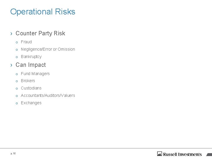 Operational Risks › Counter Party Risk o Fraud o Negligence/Error or Omission o Bankruptcy Operational Risks › Counter Party Risk o Fraud o Negligence/Error or Omission o Bankruptcy