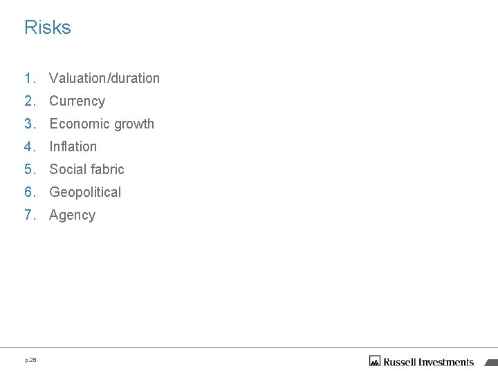 Risks 1. Valuation/duration 2. Currency 3. Economic growth 4. Inflation 5. Social fabric 6. Risks 1. Valuation/duration 2. Currency 3. Economic growth 4. Inflation 5. Social fabric 6.