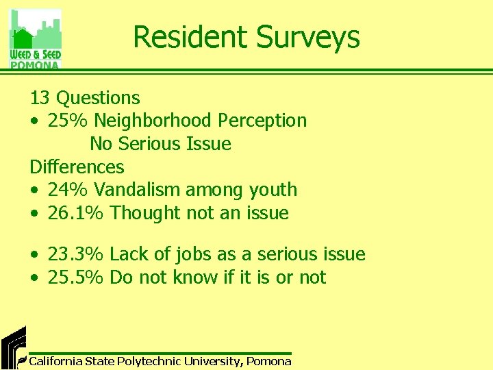 Resident Surveys 13 Questions • 25% Neighborhood Perception No Serious Issue Differences • 24%