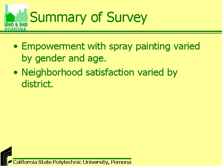 Summary of Survey • Empowerment with spray painting varied by gender and age. •