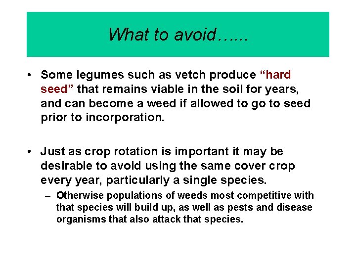 What to avoid…. . . • Some legumes such as vetch produce “hard seed”