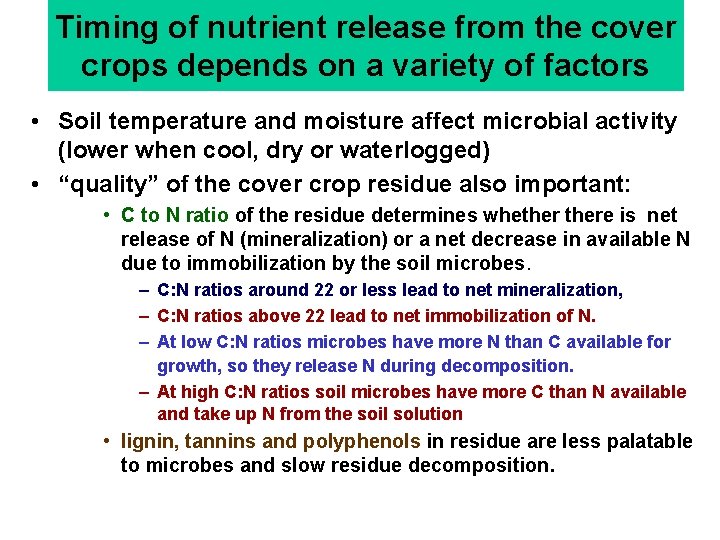 Timing of nutrient release from the cover crops depends on a variety of factors