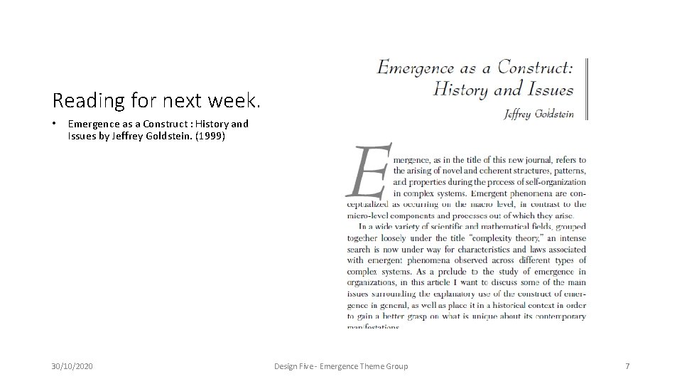 Reading for next week. • Emergence as a Construct : History and Issues by