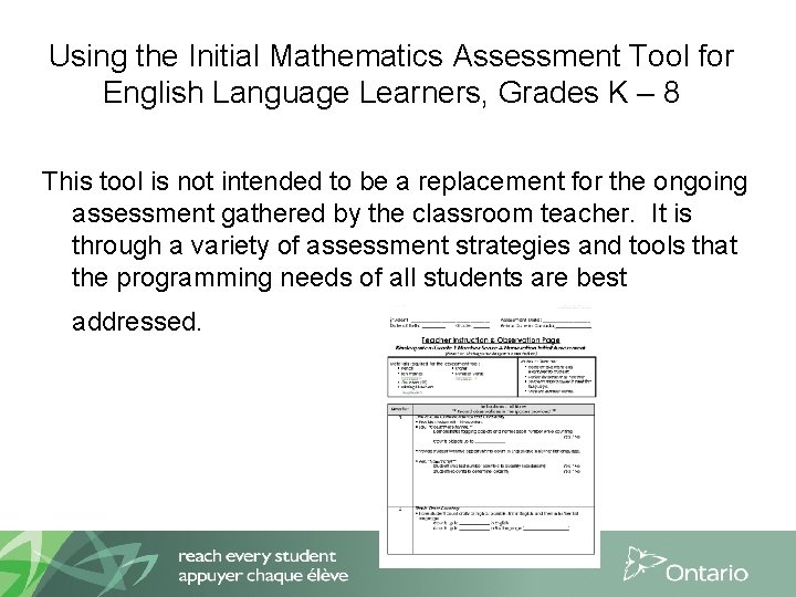 Using the Initial Mathematics Assessment Tool for English Language Learners, Grades K – 8