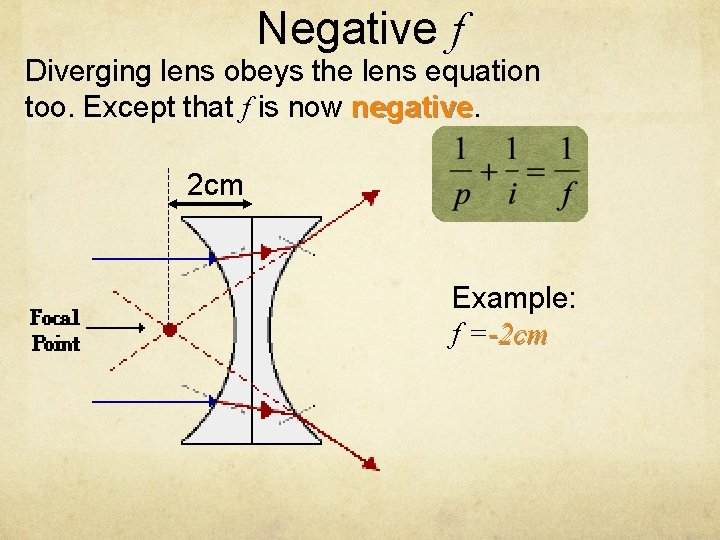 Negative f Diverging lens obeys the lens equation too. Except that f is now