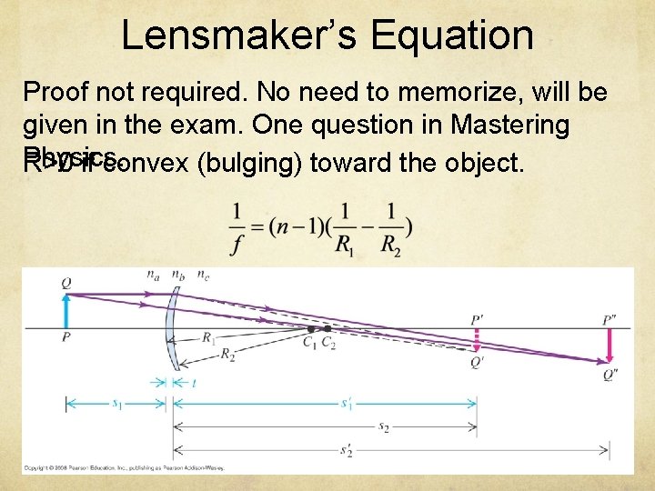 Lensmaker’s Equation Proof not required. No need to memorize, will be given in the