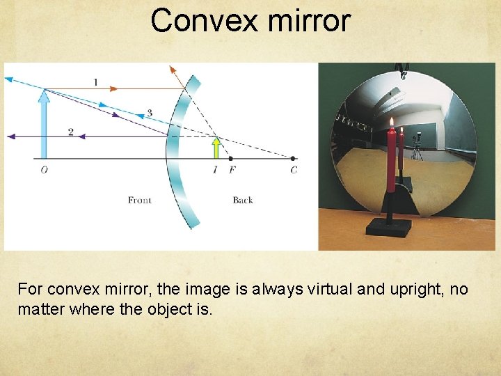 Convex mirror For convex mirror, the image is always virtual and upright, no matter