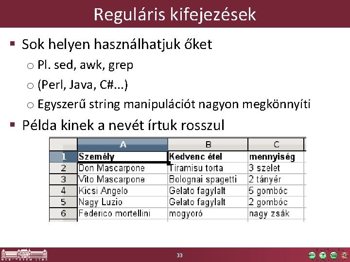 Reguláris kifejezések § Sok helyen használhatjuk őket o Pl. sed, awk, grep o (Perl,