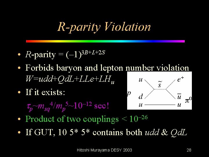 R-parity Violation • R-parity = (– 1)3 B+L+2 S • Forbids baryon and lepton
