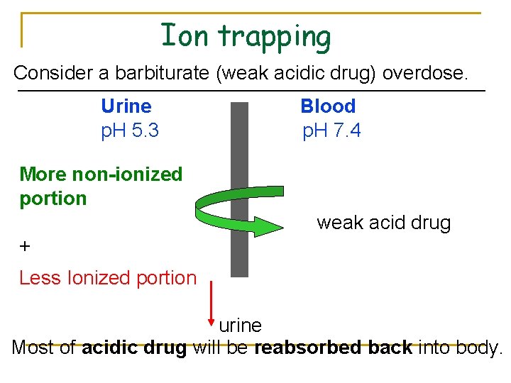 Ion trapping Consider a barbiturate (weak acidic drug) overdose. Urine Blood p. H 5.