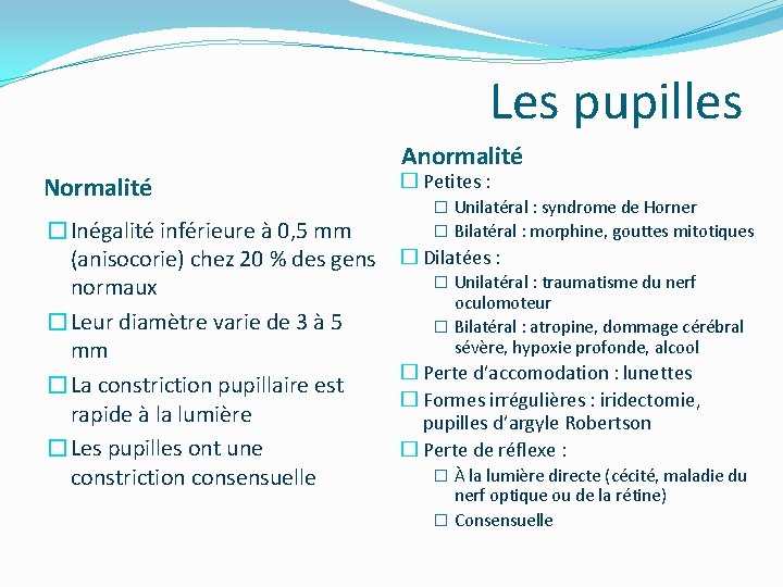 Les pupilles Anormalité Normalité �Inégalité inférieure à 0, 5 mm (anisocorie) chez 20 % Les pupilles Anormalité Normalité �Inégalité inférieure à 0, 5 mm (anisocorie) chez 20 %