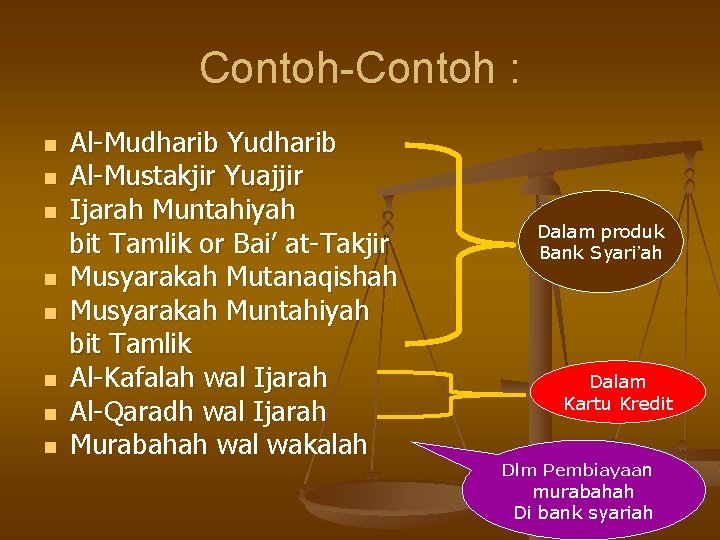 Contoh-Contoh : n n n n Al-Mudharib Yudharib Al-Mustakjir Yuajjir Ijarah Muntahiyah bit Tamlik