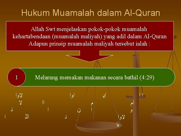 Hukum Muamalah dalam Al-Quran Allah Swt menjelaskan pokok-pokok muamalah kehartabendaan (muamalah maliyah) yang adil