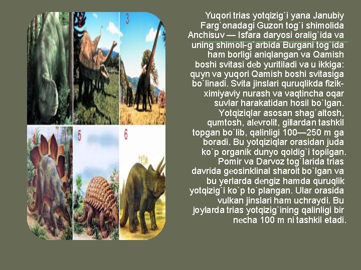 Yuqori trias yotqizig`i yana Janubiy Farg`onadagi Guzon tog`i shimolida Anchisuv — Isfara daryosi oralig`ida Yuqori trias yotqizig`i yana Janubiy Farg`onadagi Guzon tog`i shimolida Anchisuv — Isfara daryosi oralig`ida