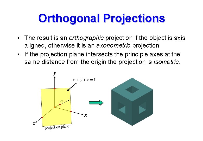 Orthogonal Projections • The result is an orthographic projection if the object is axis Orthogonal Projections • The result is an orthographic projection if the object is axis