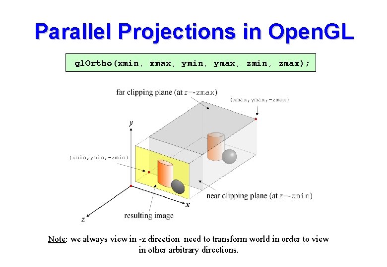 Parallel Projections in Open. GL gl. Ortho(xmin, xmax, ymin, ymax, zmin, zmax); Note: we Parallel Projections in Open. GL gl. Ortho(xmin, xmax, ymin, ymax, zmin, zmax); Note: we