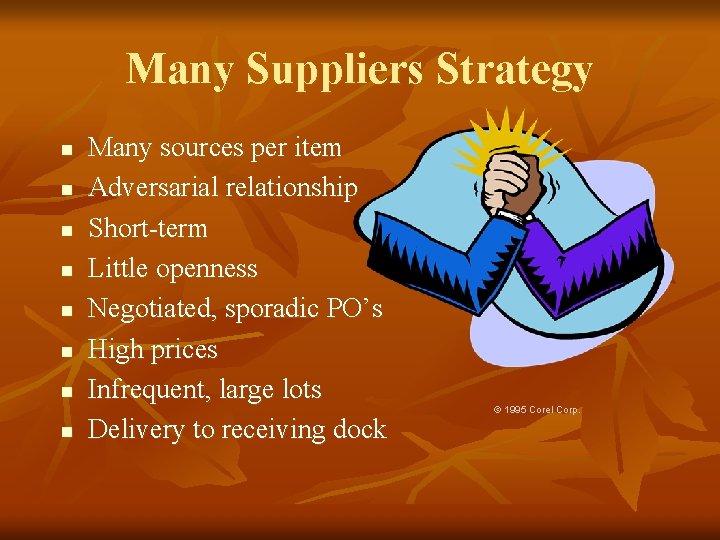 Many Suppliers Strategy n n n n Many sources per item Adversarial relationship Short-term