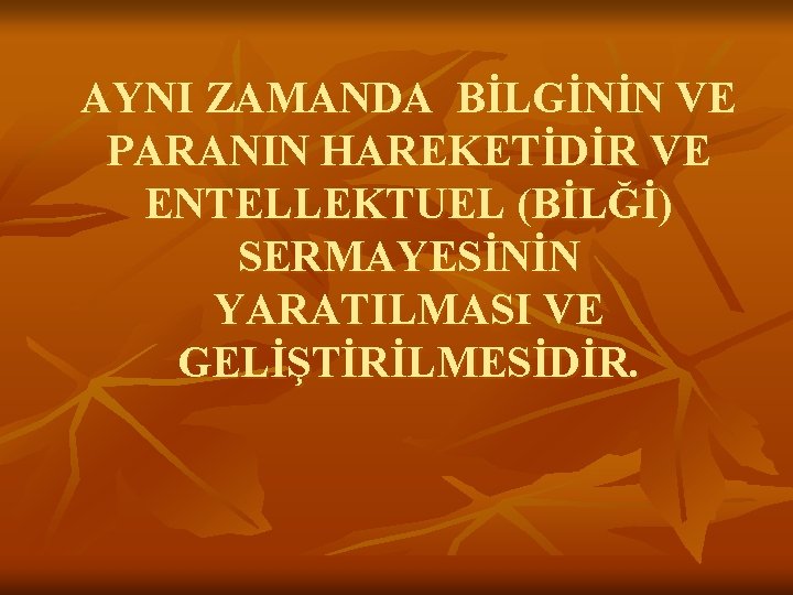 AYNI ZAMANDA BİLGİNİN VE PARANIN HAREKETİDİR VE ENTELLEKTUEL (BİLĞİ) SERMAYESİNİN YARATILMASI VE GELİŞTİRİLMESİDİR. 