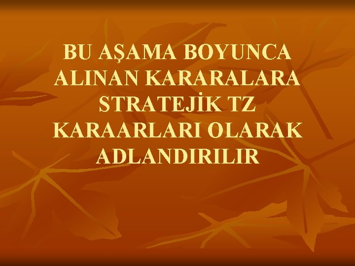 BU AŞAMA BOYUNCA ALINAN KARARALARA STRATEJİK TZ KARAARLARI OLARAK ADLANDIRILIR 