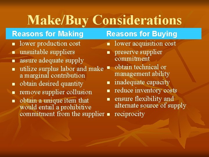 Make/Buy Considerations Reasons for Making n n n n lower production cost unsuitable suppliers