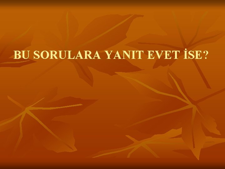 BU SORULARA YANIT EVET İSE? 