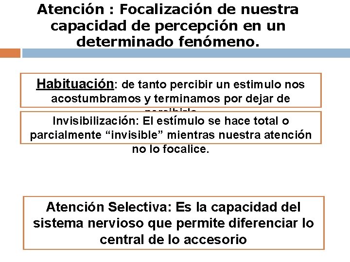 Atención : Focalización de nuestra capacidad de percepción en un determinado fenómeno. Habituación: de