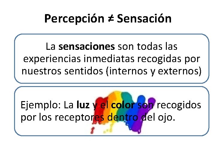 Percepción = Sensación La sensaciones son todas las experiencias inmediatas recogidas por nuestros sentidos