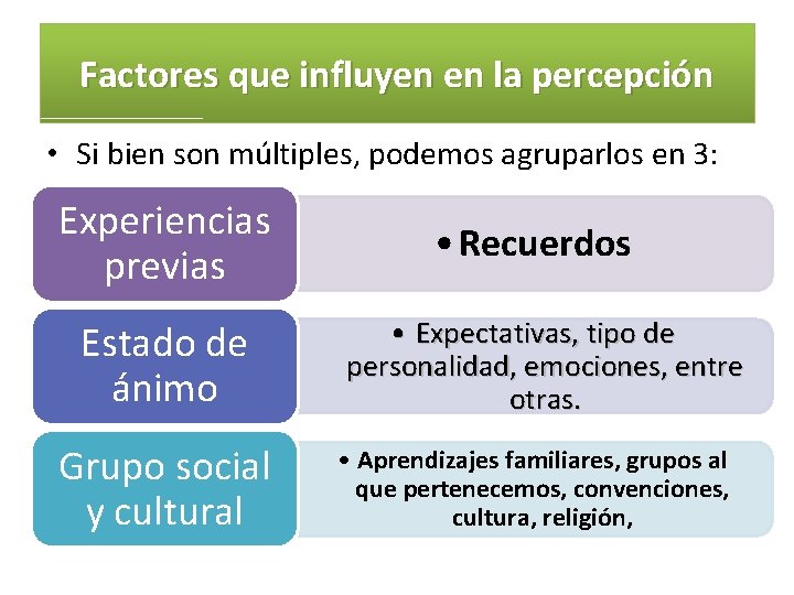 Factores que influyen en la percepción • Si bien son múltiples, podemos agruparlos en