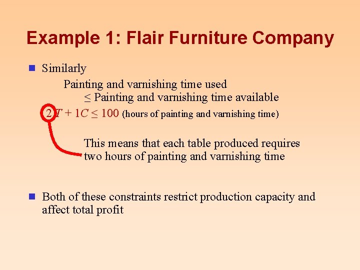 Example 1: Flair Furniture Company n Similarly Painting and varnishing time used ≤ Painting