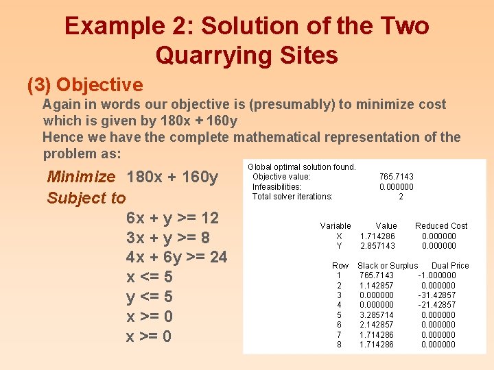 Example 2: Solution of the Two Quarrying Sites (3) Objective Again in words our