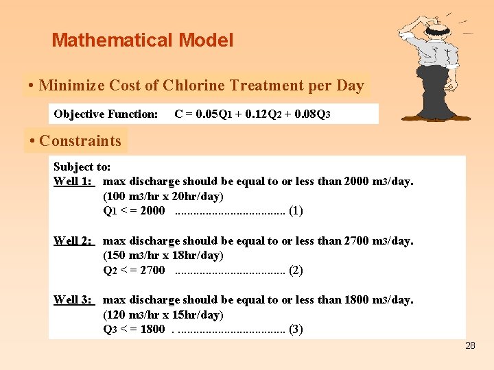 Mathematical Model • Minimize Cost of Chlorine Treatment per Day Objective Function: C =