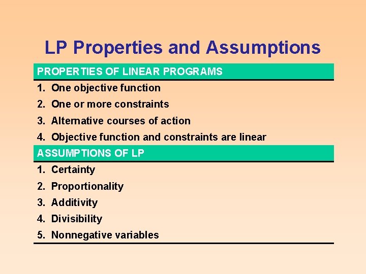 LP Properties and Assumptions PROPERTIES OF LINEAR PROGRAMS 1. One objective function 2. One