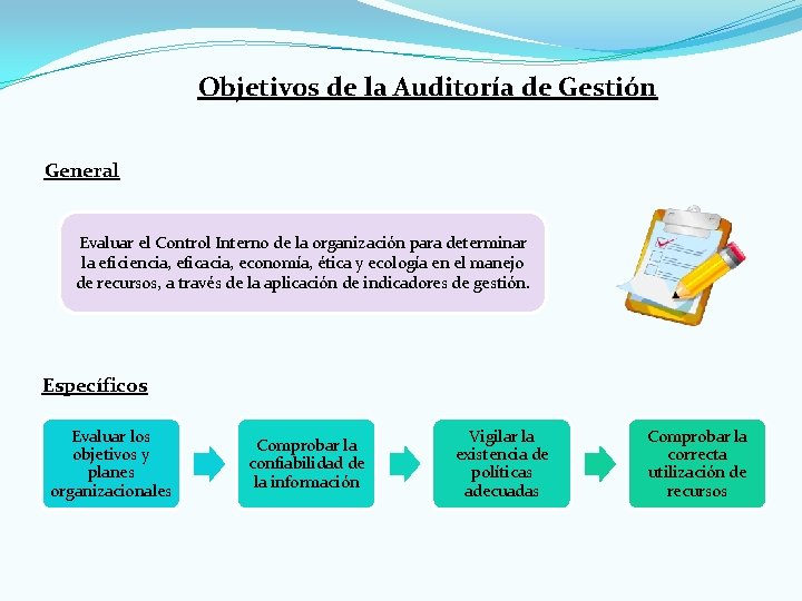 Objetivos de la Auditoría de Gestión General Evaluar el Control Interno de la organización