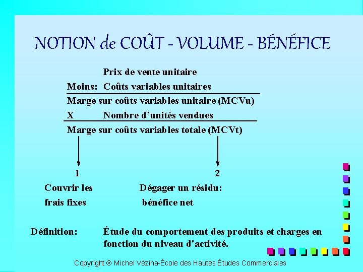 NOTION de COÛT - VOLUME - BÉNÉFICE Prix de vente unitaire Moins: Coûts variables