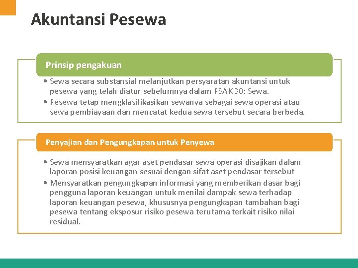 Akuntansi Pesewa Prinsip pengakuan • Sewa secara substansial melanjutkan persyaratan akuntansi untuk pesewa yang