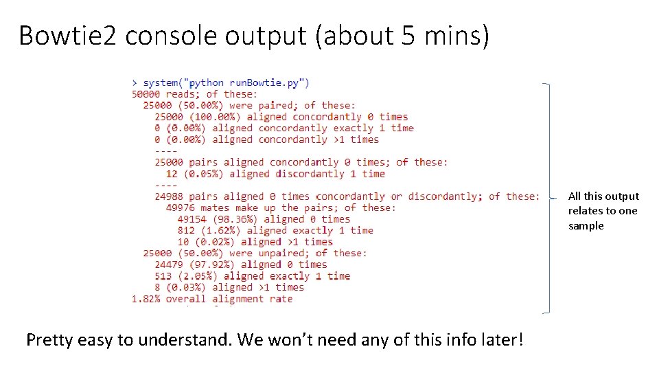 Bowtie 2 console output (about 5 mins) All this output relates to one sample